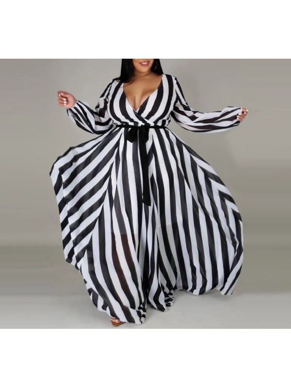 Vestito Donna Lungo a Righe Taglie Grandi Woman Oversize Maxi Dress OS120013B- f5